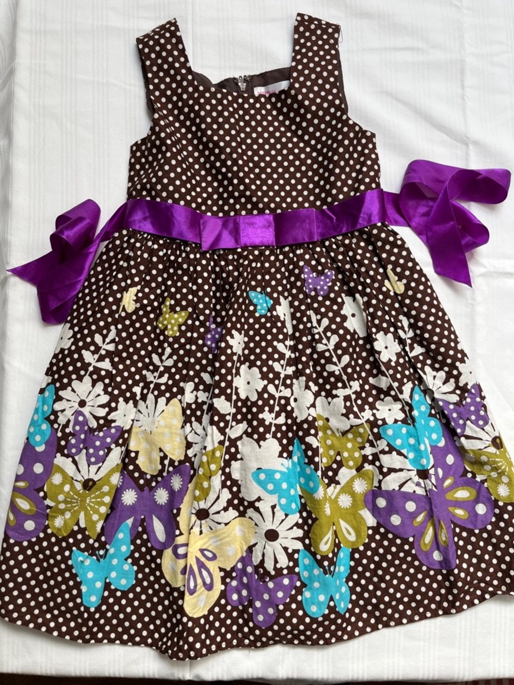Brown Polka Dot Butterfly and Flowers Dress with Purple Sash Size 8 yo